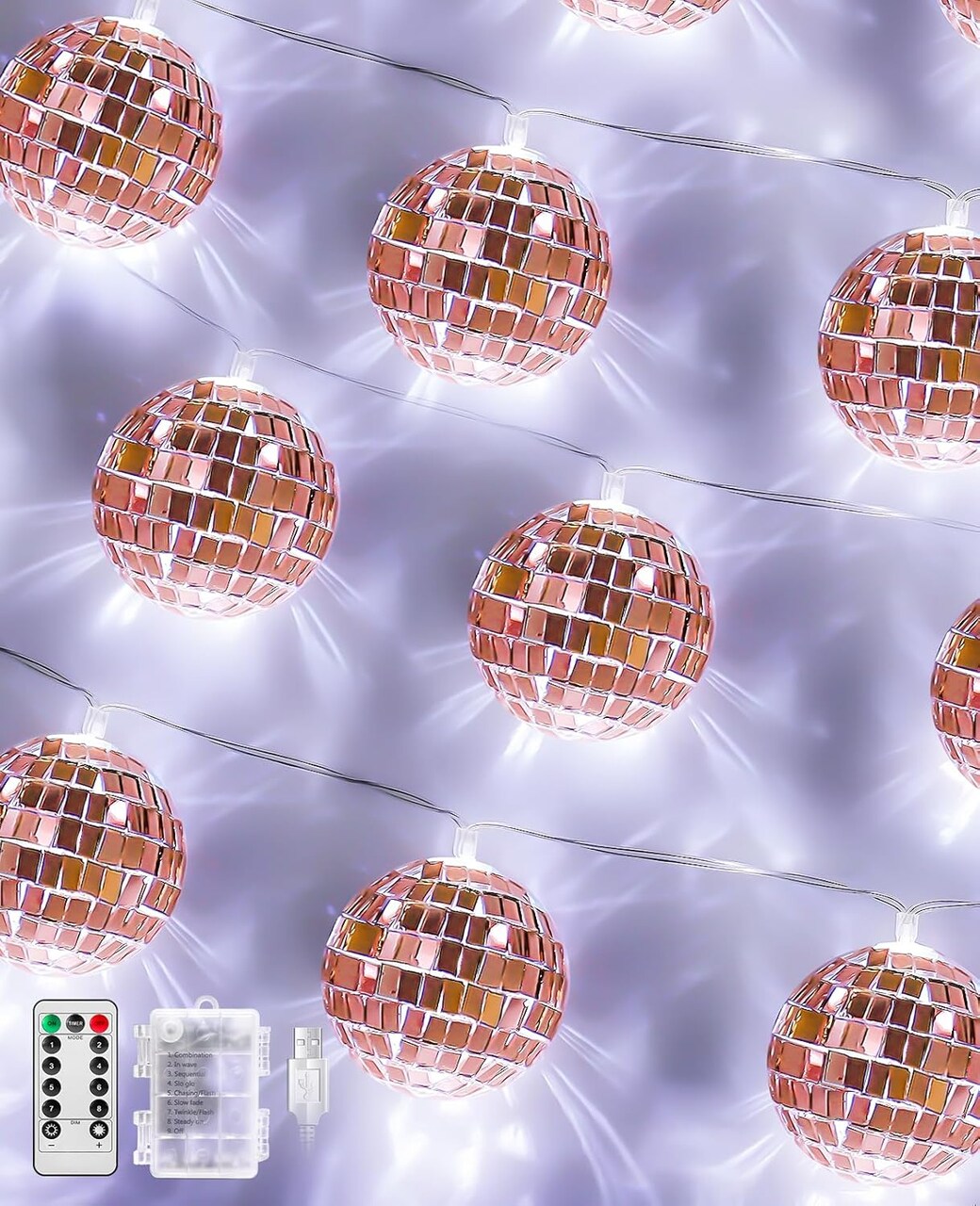 Disco Ball Decor 20 LED 9.8Ft Disco Ball String Light - Battery Powered And USB Plug, Disco Ball Light For Rose Gold Birthday Decorations Mother's Day Decorations Bachelorette Party Decoration